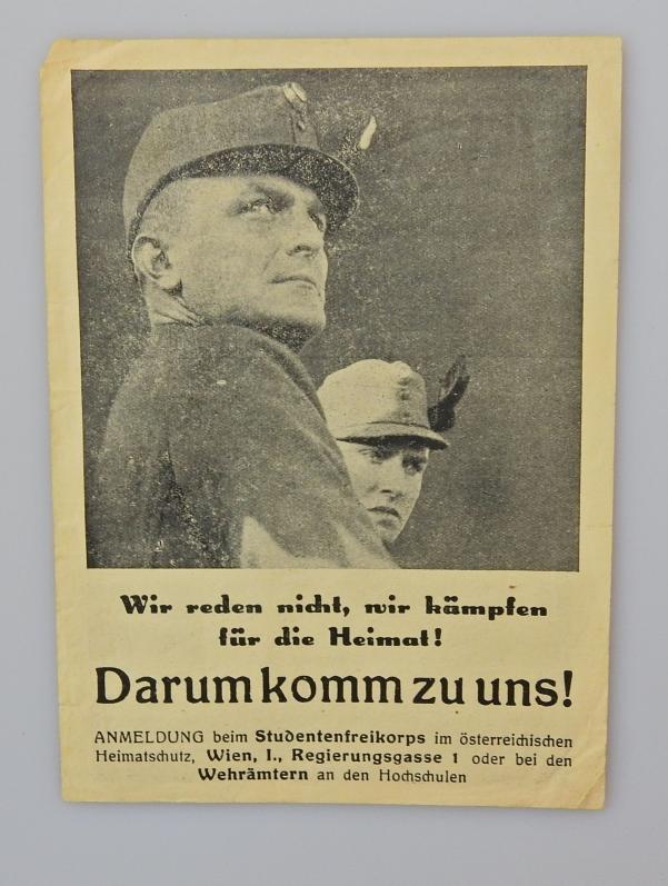 WERBEZETTEL FLYER STUDENTENFREIKORPS IM ÖSTER HEIMATSCHUTZ 30ERJAHRE