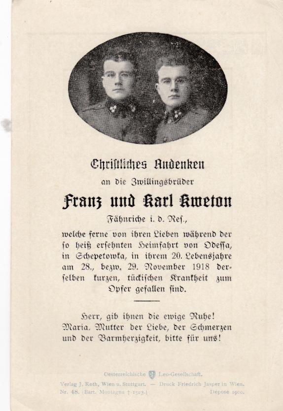 ÖSTERREICH 1WK STERBEZETTEL ZWEI BRÜDER ODESSA 1918