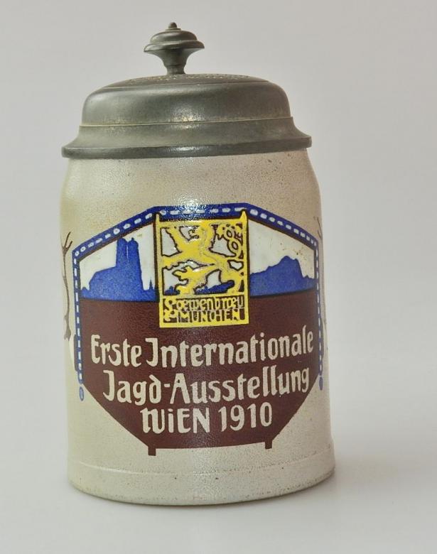 FESTKRUG BIERKRUG ERSTE INTERNATIONALE JAGD AUSSTELLUNG WIEN 1910 LÖWENBRÄU MÜNCHEN