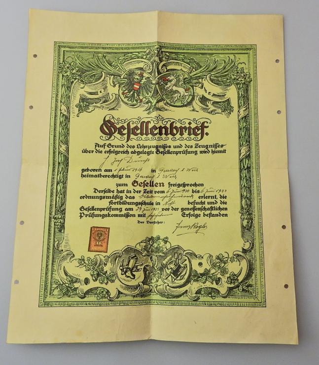 GESELLENBRIEF FÜR EINEN SCHNEIDER 1933