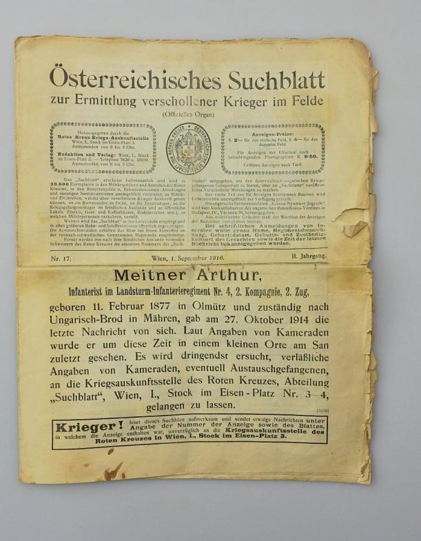 ROTES KREUZ ÖSTERREICHISCHES SUCHBLATT ZUR ERMITTLUNG VERSCHOLLENER KRIEGER IM FELDE SEPTEMBER 1916