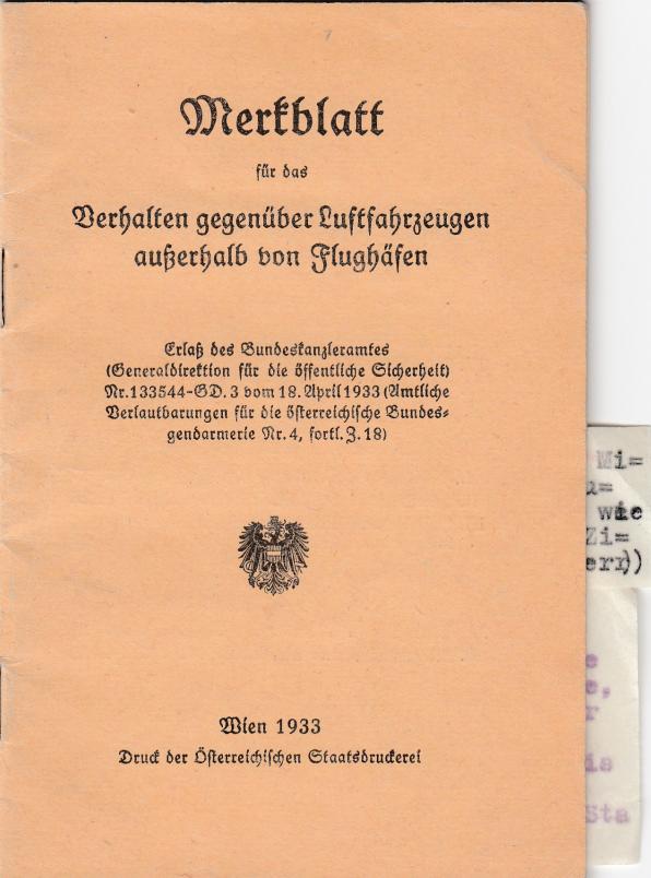 ÖSTERREICH LUFTFAHRTRUPPE 1918-38 VORSCHRIFT VERHALTEN GEGENÜBER LUFTFAHRZEUGEN AUSSERHALB VON FLUGHÄGEN 1933