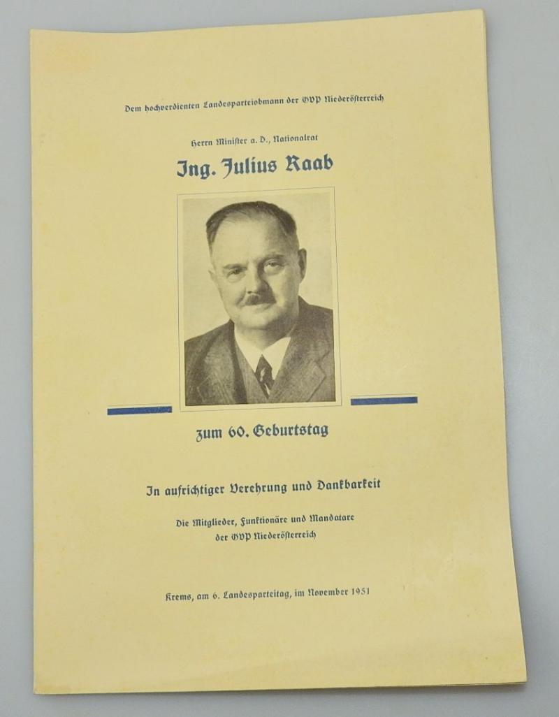 SCHMUCK BROSCHÜRE ZUM 60. GEBURTSTAG VON MINISTER ING JULIUS RAAB 1951