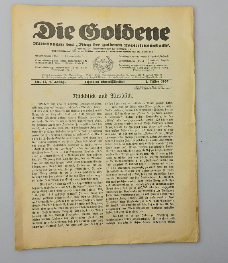 ZEITUNG DIE GOLDENE RING DER GOLDENEN TAPFERKEITSMEDAILLE 1932