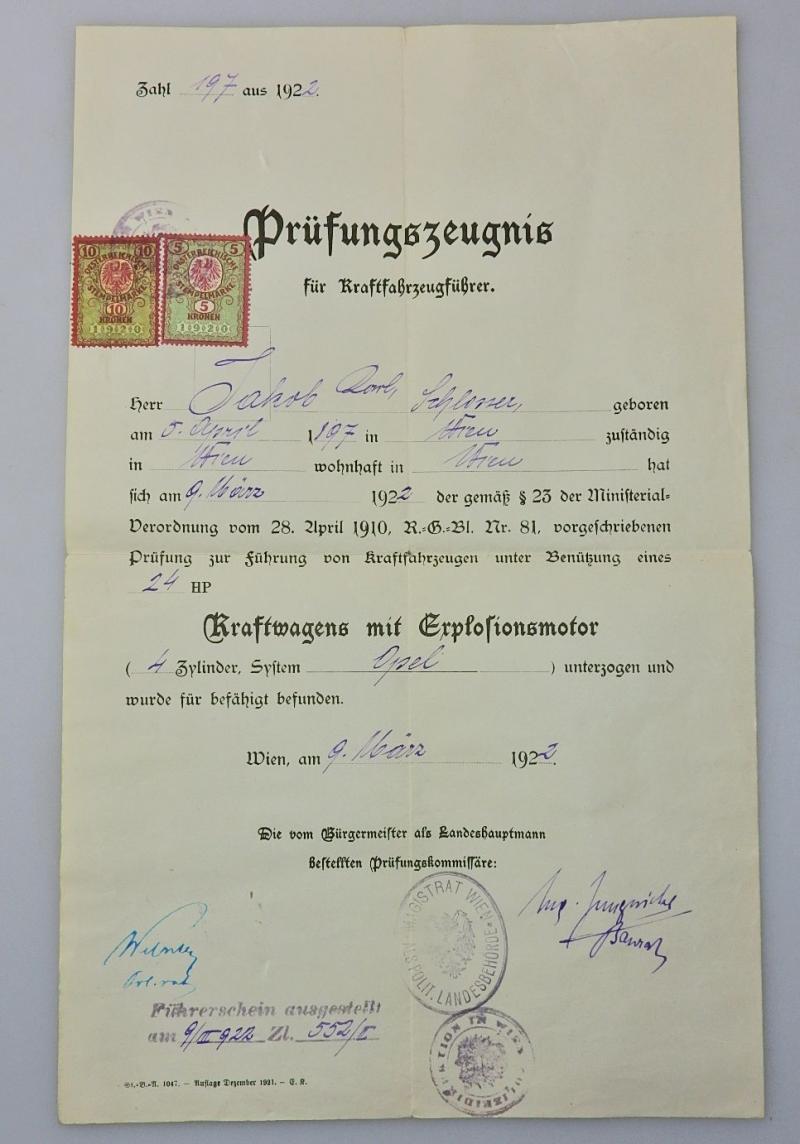 ÖSTERREICH PRÜFUNGSZEUGNIS FÜR KRAFTFAHRZEUGFÜHRER 1922