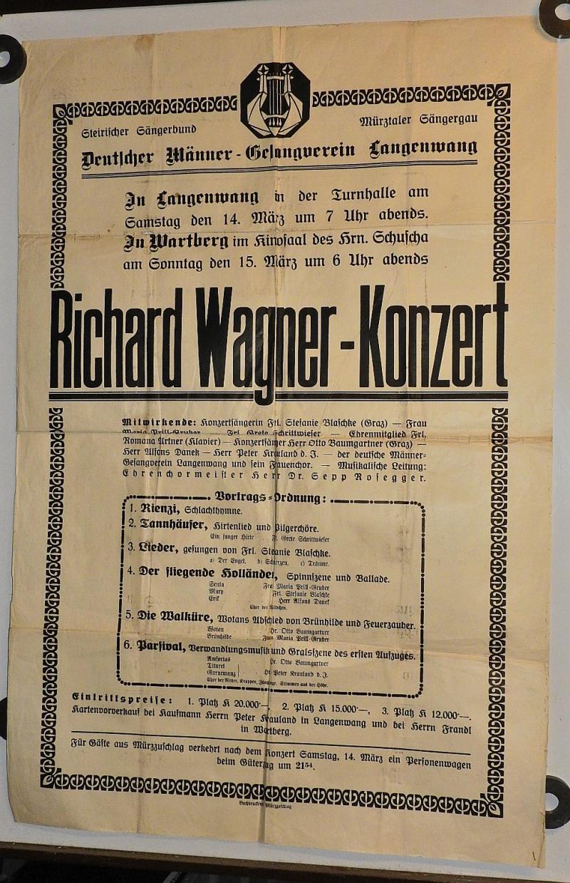 VERANSTALTUNGSPLAKAT  STEIRISCHER SÄNGERBUND LANGENWANG RICHARD WAGNER KONZERT UM 1910