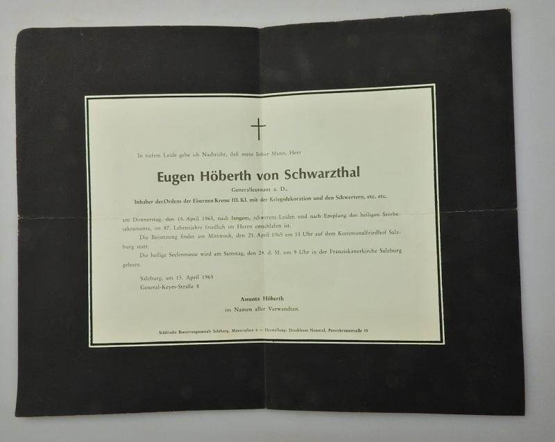 STERBEZETTEL GENERALLEUTANT EUGEN HÖBERTH VON SCHWARZTHAL