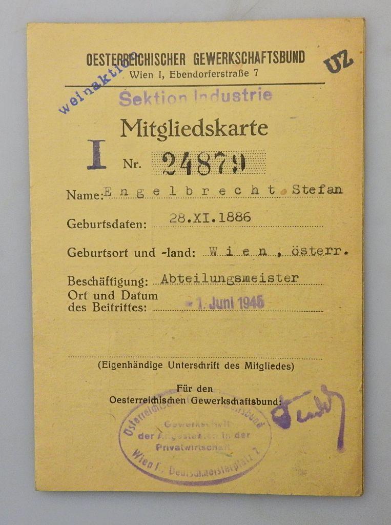 ÖSTERREICH NACHKRIEGSZEIT MITGLIEDSKARTE GEWERKSCHAFTSBUND 1945