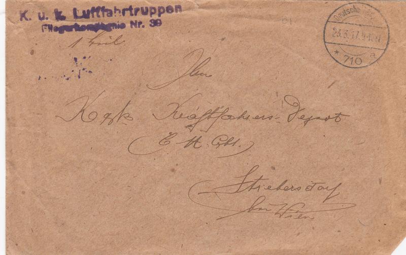 KUK BRIEFKUVERT 1WK  LUFTFAHRTRUPPE FLIEGERKOMPANIE NR 39 1917